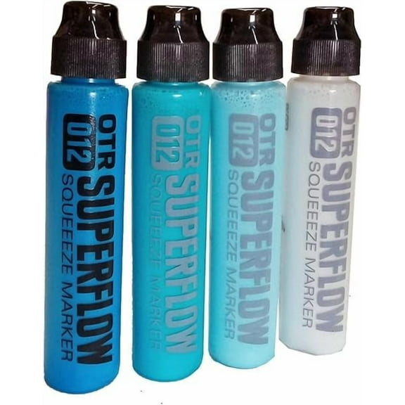 On The Run Superflow Super Permanent Paint Squeeze Markers for Lettering with Cyan, Turquiose, Baby Blue, White Point, Blue Tones 4 Count