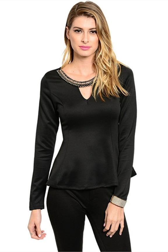 Women'S Black Longsleeve Top With Keyhole Cutout Chest M