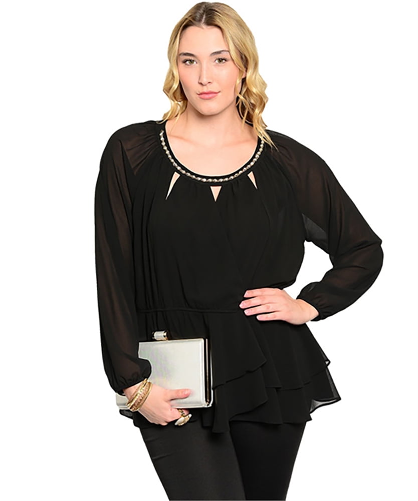 Top Full Less On Trend For Less Women's Black Blouson-Style Longsleeve Top 1Xl ...