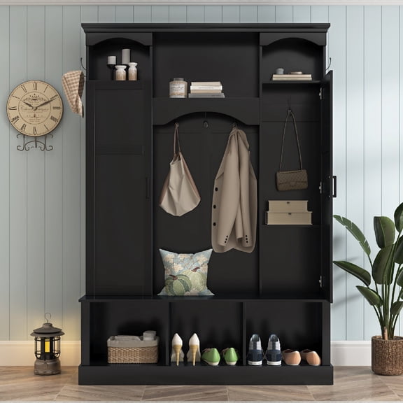On-Trend Modern All-in-One Hall Tree with Adjustable Shelves, Classic Arched Farmhouse Storage Bench with Dual Side Cabinets, Elegant Entryway Organizer with 7 Hooks for Mudroom, Hallway, Black