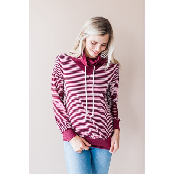 On Trend Women's Long Sleeve Cowl Neck Drawstring Striped Sweatshirt Top