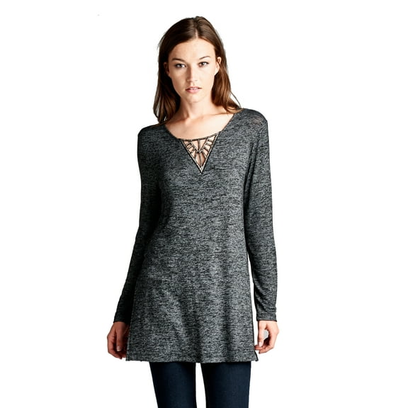 On Trend Women’s Long Sleeve Glimmering Embellished Tunic Top