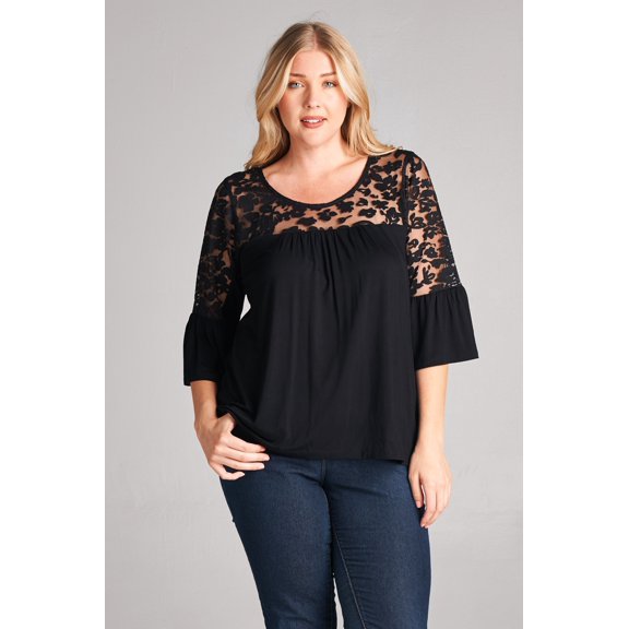 On Trend Women's Round Neck Long Sleeve Tunic Shirt with Lace Accent