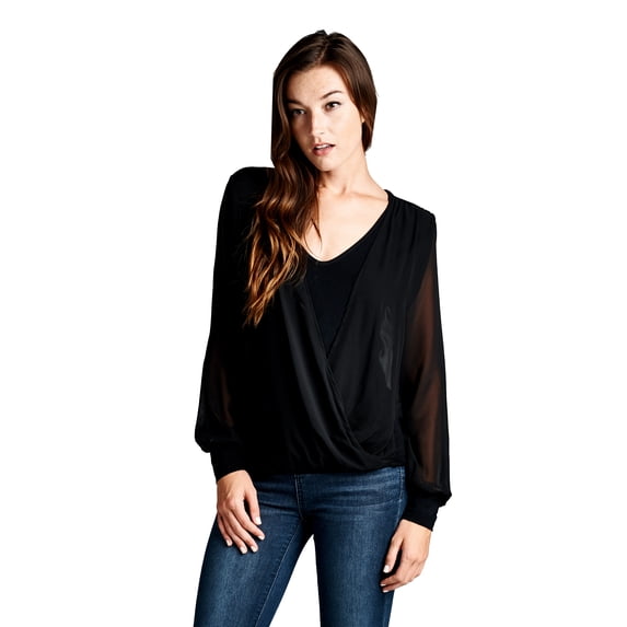 On Trend Women's V Neck Shirt Draped with Chiffon Long Sleeved Blouse