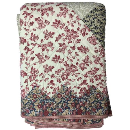 On View Home Classic Cotton Rich Full Quilt Navy Red Beige Pieced Floral Pattern
