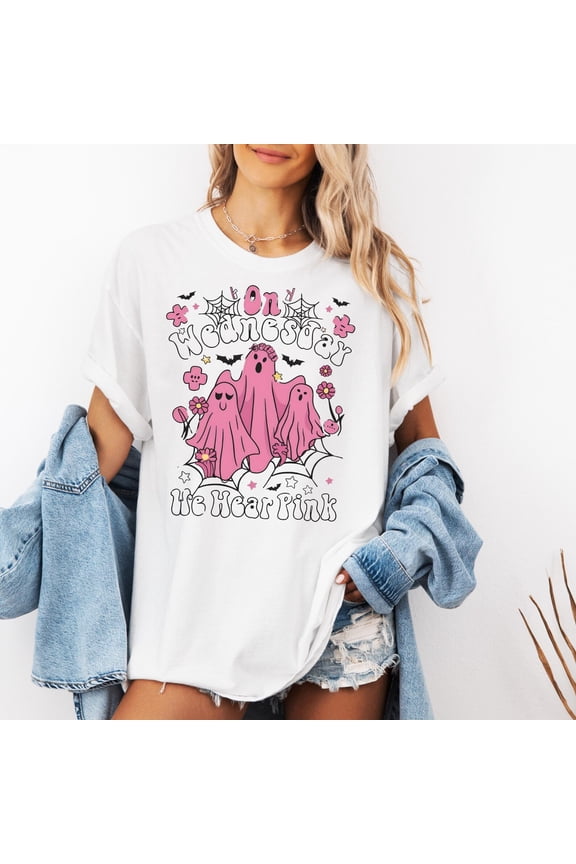 On Wednesday We Hear Pink T-Shirt: Halloween Ghost Couple, Fall Vibes