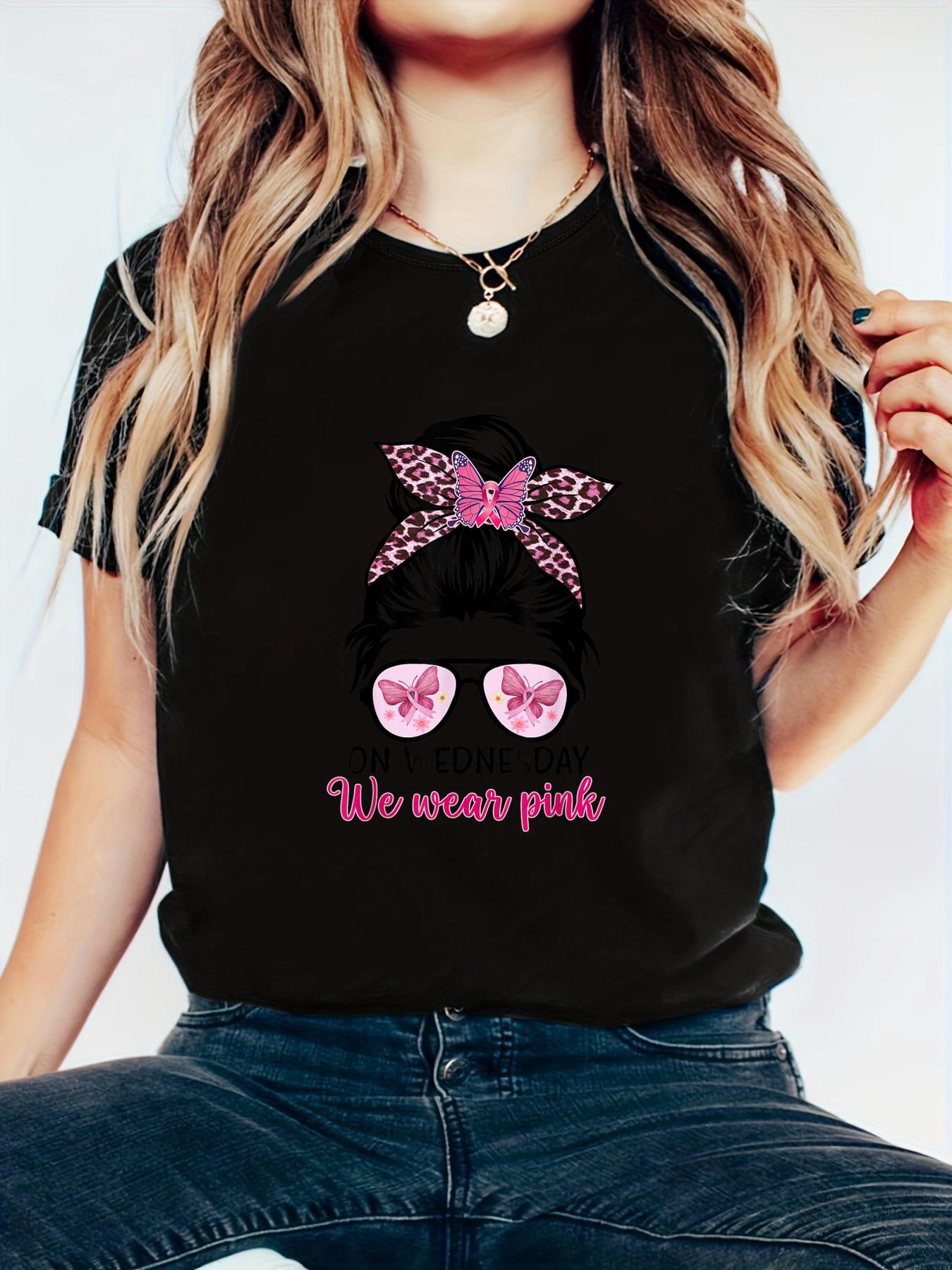 On Wednesday We Wear Pink Messy Bun, Leopard Breast Cancer T-Shirt ...