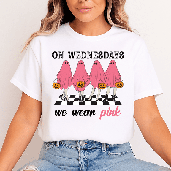 On Wednesdays We Wear Pink Ghost Halloween T-Shirt Unisex Funny Spooky Tee - Gift for Halloween
