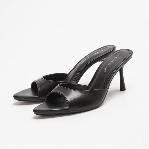 On feet& in love Women's Open Toe PU Leather Stiletto Mule Heels - Black High Heels Slip-on Pumps Sandals for Office & Wedding - Size 5.5