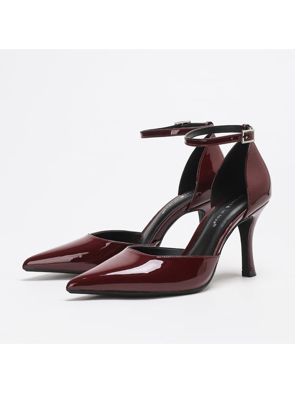 Women's Pointed Toe Slingback Ankle Strap Patent PU Stiletto Heels - Burgundy Dress Shoes for Office & Wedding - Size 10