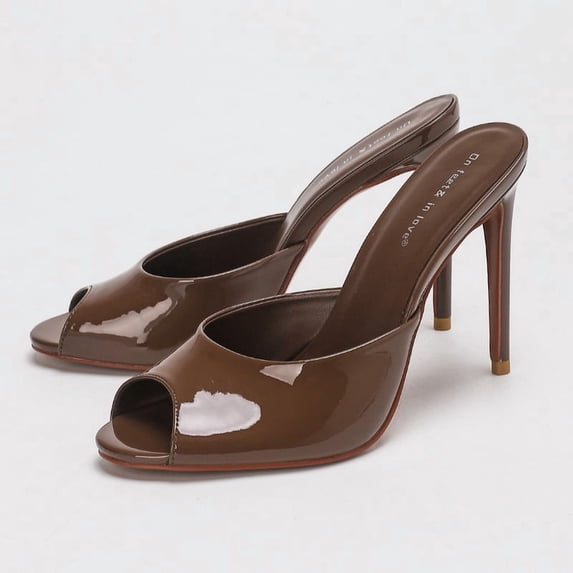 On feet& in love Women's Peep Toe Stiletto Mules - Brown Patent PU High Heeled Open-Toe Sandals for Office & Wedding - Size 5.5
