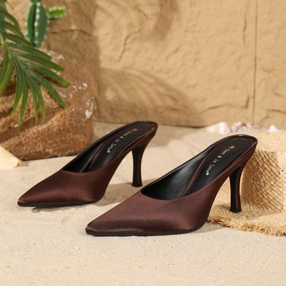 On feet & in love Women's Satin Pointed Toe Stiletto Mules - Slip-on Backless Dress Heels Brown