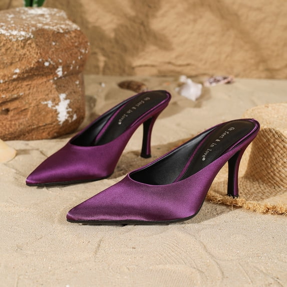 On feet& in love Pointed Toe Satin Slip-On Stiletto Heel Mule Pumps for Women