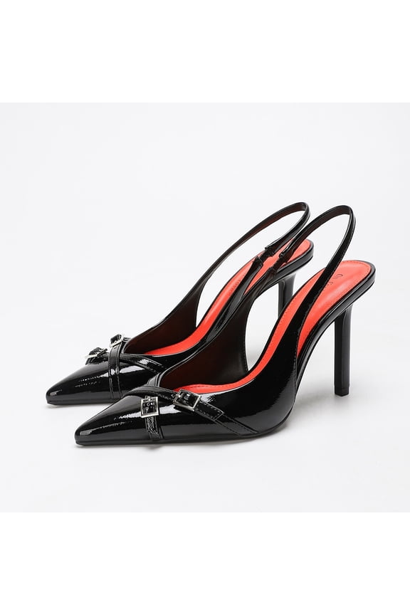 On feet & in love Women's Crinkled Patent Pointed Toe Slingback Heels - Crisscross Buckle Strap Stiletto Dress Pumps with Elastic Ankle Strap,Black