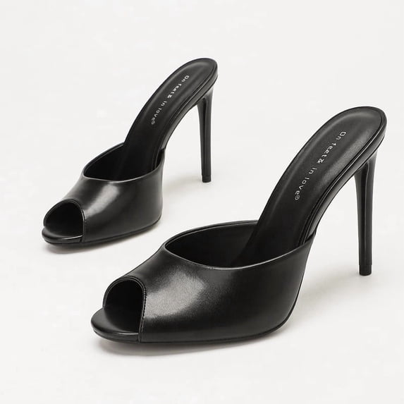On feet& in love Women's Peep Toe Stiletto Mules - Black PU Leather High Heeled Sandals for Office & Wedding - Size 7.5