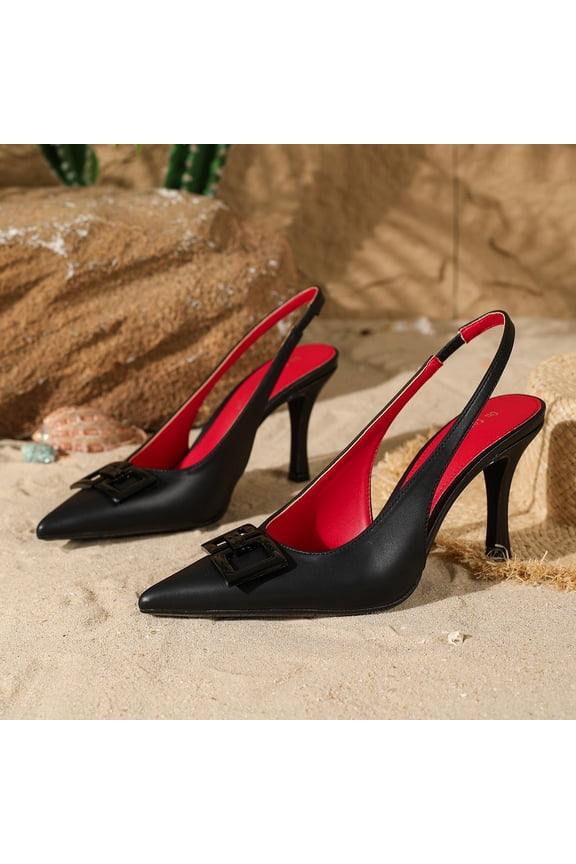 [On feet & in love] Women's Faux Leather Pointed Toe Slingback Stilettos - Geometric Buckle Detail Dress Pumps with Elastic Ankle Strap,Black,5.5