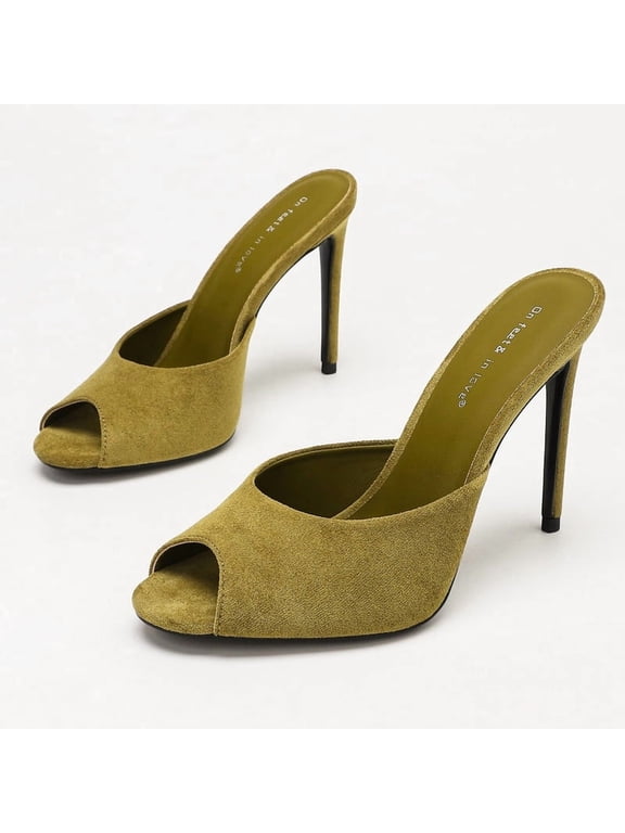 Women's Peep Toe Suede Stiletto Mules - Moss Green High Heeled Sandals for Party & Wedding - Size 8.5