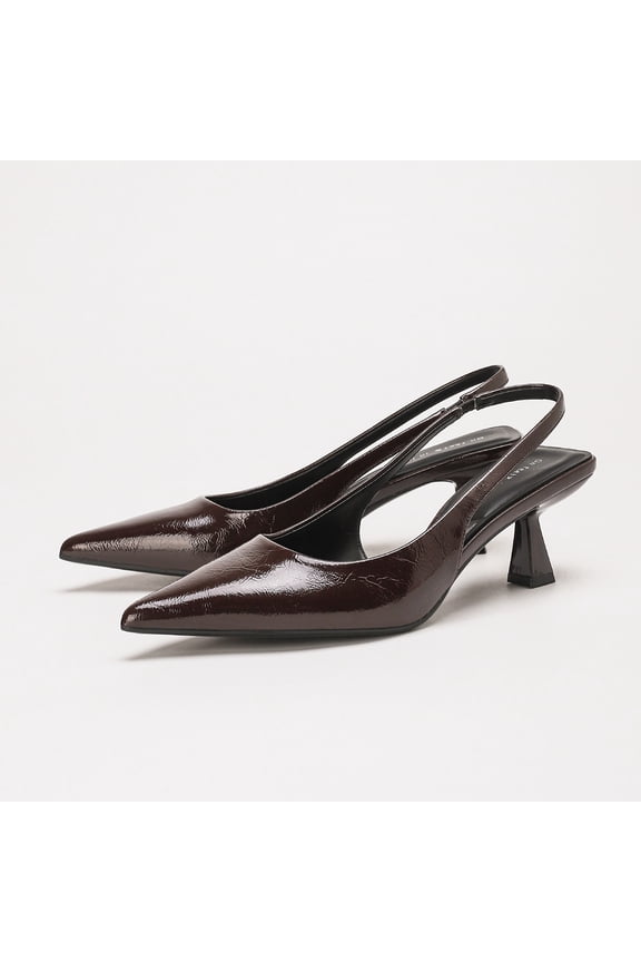 [On feet & in love] Women's Glossy Faux Leather Pointed Toe Slingback Pumps - Geometric Flared Heel Dress Shoes with Elastic Strap,Brown,5.5