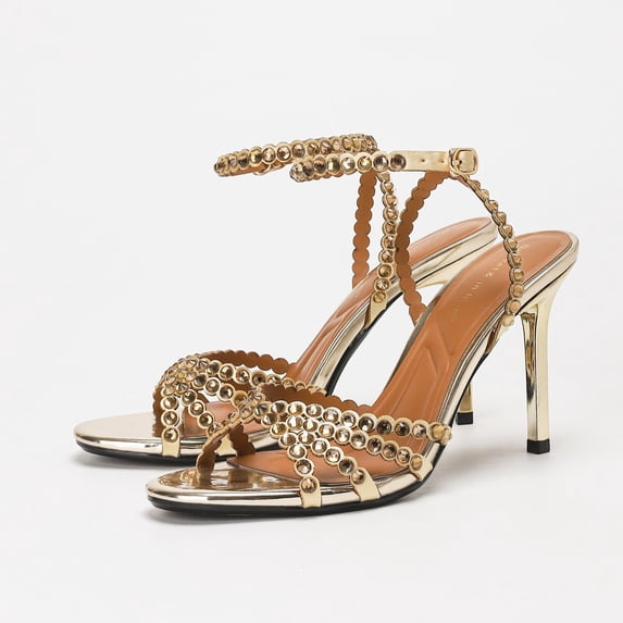 On feet & in love Women's Mirror Metallic Strappy Stiletto Sandals - Scalloped Ankle Strap Dress Heels with Studded Embellishments,Gold