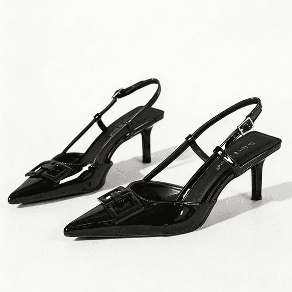 On feet& in love Women's Pointed Toe Patent PU Slingback Heels with Geometric Buckle - Black Dress Pumps for Office & Party - Size 6