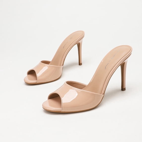On feet & in love Women's Patent Peep Toe Stiletto Mules - High Gloss Slip-On Backless Dress Open Toe Sandals,Apricot