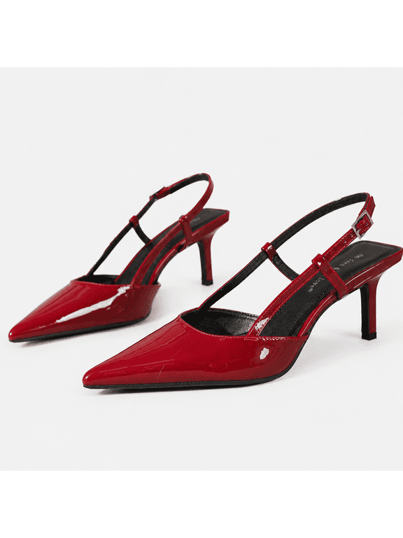 Women's Pointed Toe Patent PU Slingback Heels with Adjustable Strap - Dress Shoes for Work & Party - Size 5.5