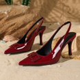 thumbnail image 1 of [On feet & in love] Women's Patent Pointed Toe Slingback Heels - Geometric Buckle Detail Stiletto Dress Pumps with Elastic Ankle Strap,Wine-red,8.5, 1 of 7