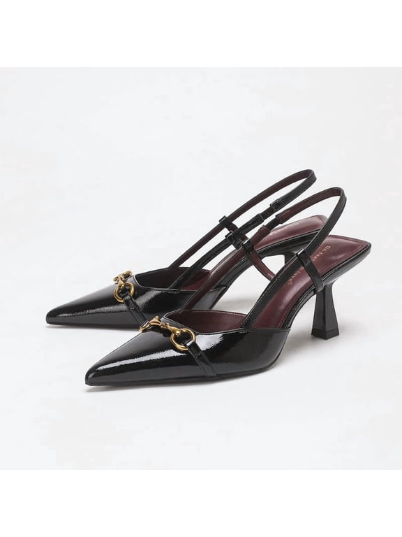 Women's Pointed Toe Slingback Heels with Horsebit Buckle - Wrinkled Patent PU Black Dress Shoes for Office & Party - Size 7