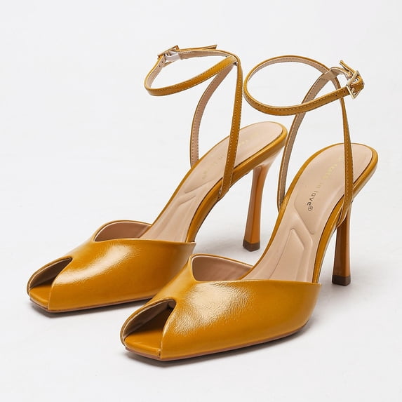 On feet& in love Women's Peep Toe Wrinkled Patent PU Ankle Strap Slingback Heels - Yellow High Heels for Office & Wedding - Size 8.5
