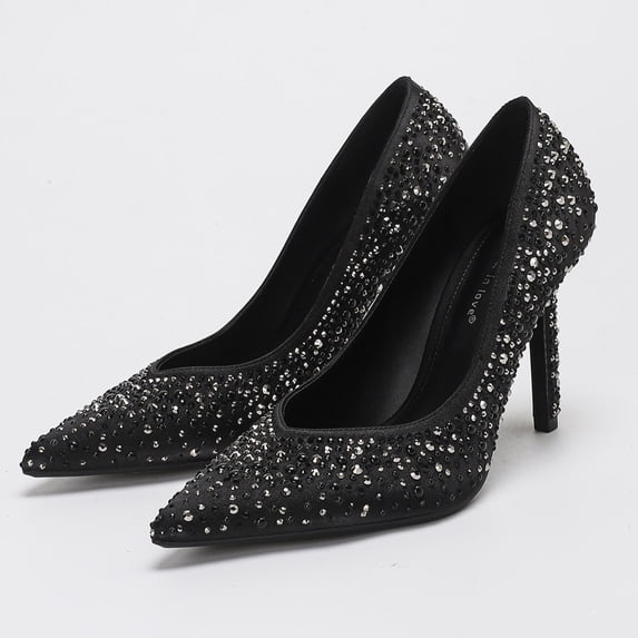 On feet & in love Women's Rhinestone Pointed Toe Stiletto Pumps - Sparkly Crystal Studded Dress Heels for Evening Party