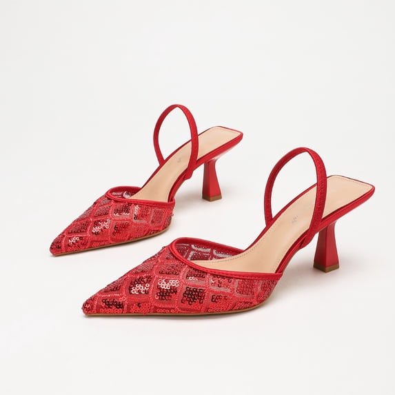 On feet& in love Women's Pointed Toe Slingback Heels with Sequin Lace Mesh - Red Dress Shoes for Party & Wedding - Size 5.5