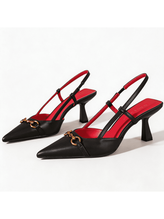 Women's Pointed Toe Slingback Heels with Metallic Horsebit Buckle - Smooth Black PU Dress Shoes for Work & Event - Size 5.5