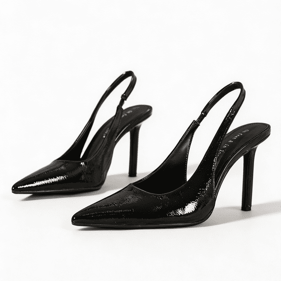 On feet& in love Women's Pointed Toe Slingback Crinkled Patent PU Stiletto Heels - Black Dress Shoes for Work & Wedding - Size 5.5