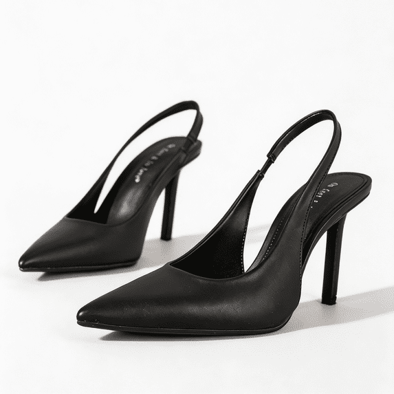 On feet& in love Women's Pointed Toe Slingback PU Leather Heels - Black Dress Shoes for Office & Wedding - Size 8.5