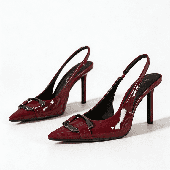 On feet& in love Women's Pointed Toe Slingback Wrinkled Patent PU Stiletto Heels - Wine-red Dress Shoes for Office & Wedding - Size 5.5