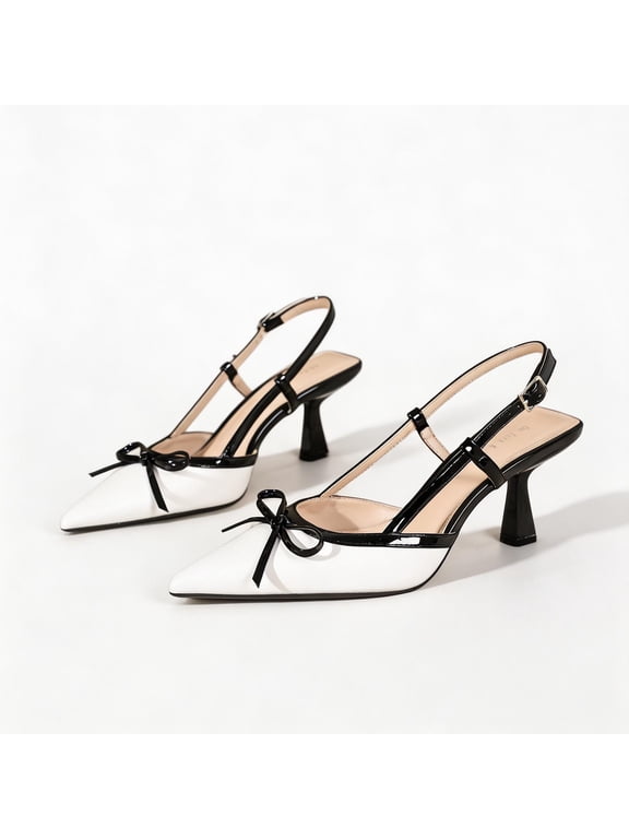 On feet & in love Women's Pointed Toe Contrast Trim Slingback Heels - Adjustable Ankle Strap Stiletto Dress Pumps with Bow Detail