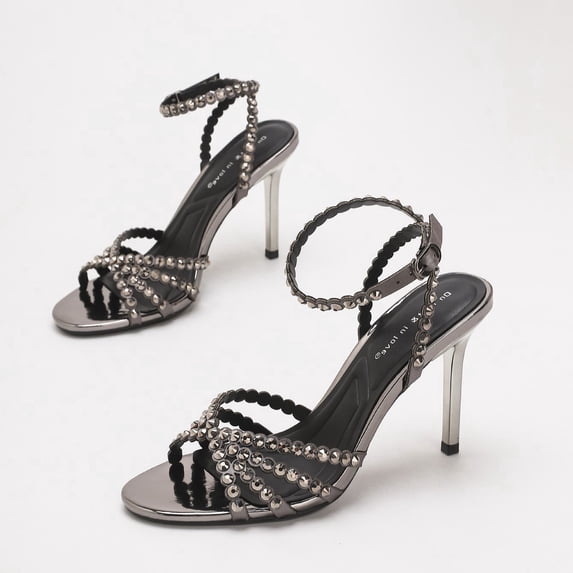 On feet & in love Women's Mirror Metallic Studded Strappy Stiletto Sandals - Scalloped Ankle Strap Dress Heels with Adjustable Buckle