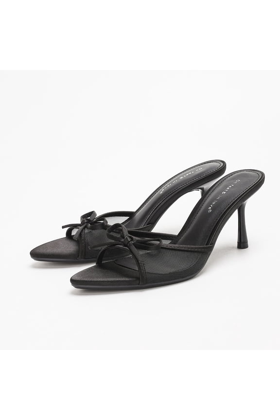On feet & in love Women's Satin Pointed Toe Mesh Mules - Bow Detail Slip-On Stiletto Dress Sandals,Black