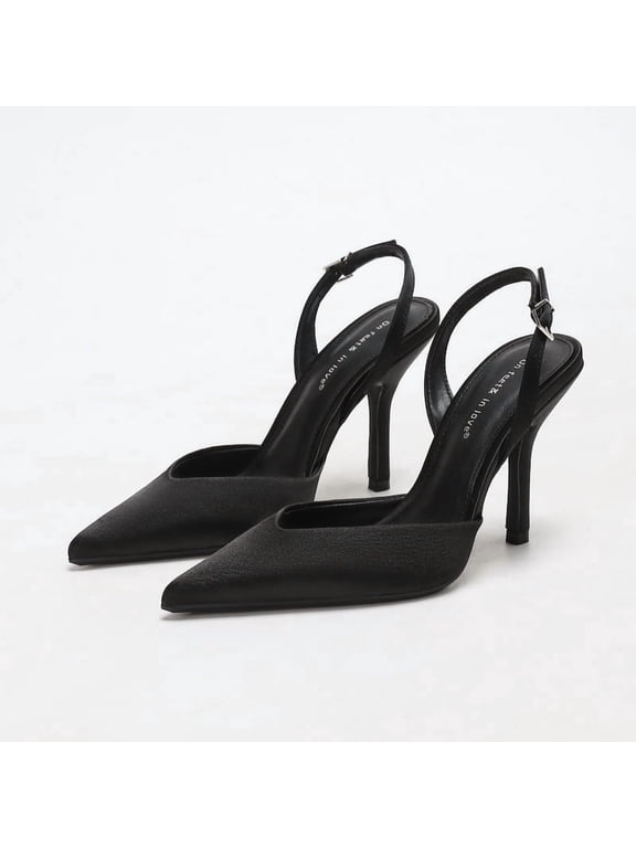 On feet & in love Women's Satin Pointed Toe Slingback Heels - Adjustable Ankle Strap Stiletto Dress Pumps