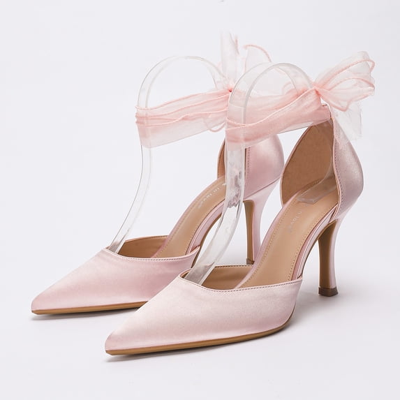 On feet & in love Women's Satin Pointed Toe Slingback Heels - Stiletto Dress Pumps with Sheer Ribbon Bow Detail,Pink