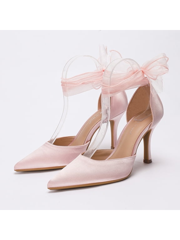 On feet & in love Women's Satin Pointed Toe Slingback Heels - Stiletto Dress Pumps with Sheer Ribbon Bow Detail,Pink