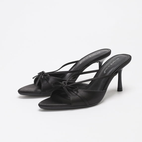 On feet & in love Women's Satin Pointed Toe Stiletto Mules - Strappy Bow Detail Slip-On Dress Sandals,Black