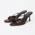 thumbnail image 1 of On feet & in love Women's Satin Pointed Toe Stiletto Mules - Strappy Bow Detail Slip-On Dress Sandals,Brown, 1 of 7