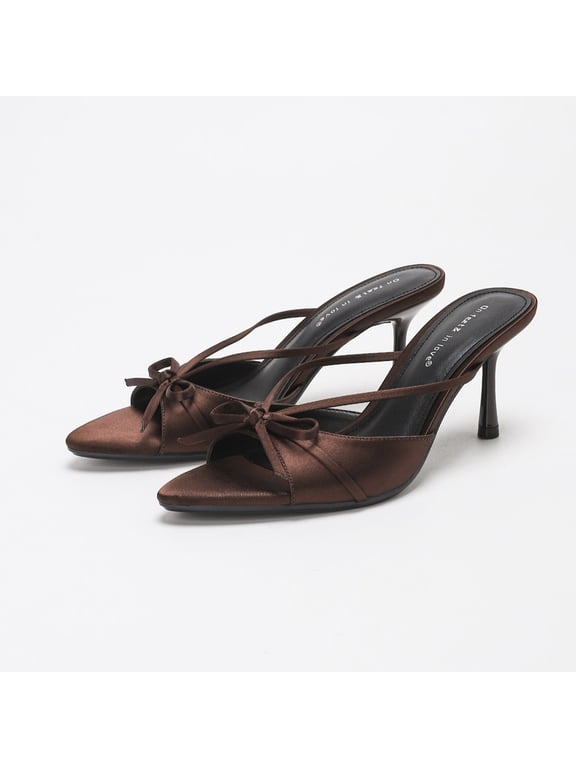 On feet & in love Women's Satin Pointed Toe Stiletto Mules - Strappy Bow Detail Slip-On Dress Sandals,Brown