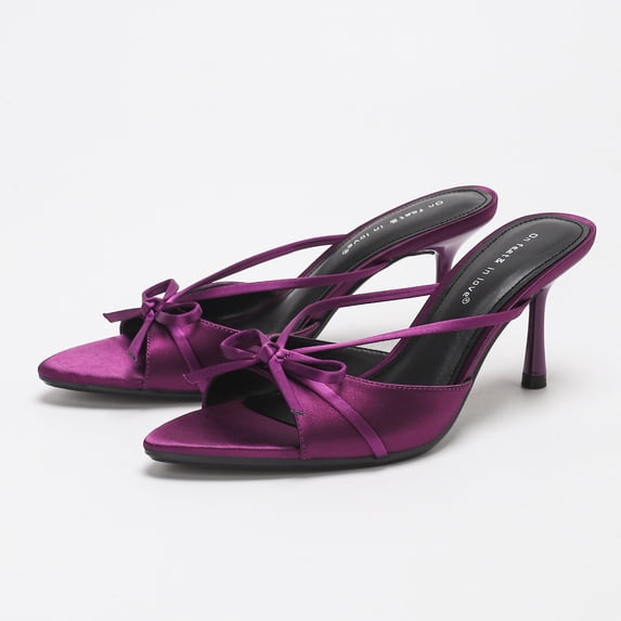 On feet & in love Women's Satin Pointed Toe Stiletto Mules - Strappy Bow Detail Slip-On Dress Sandals,Purple