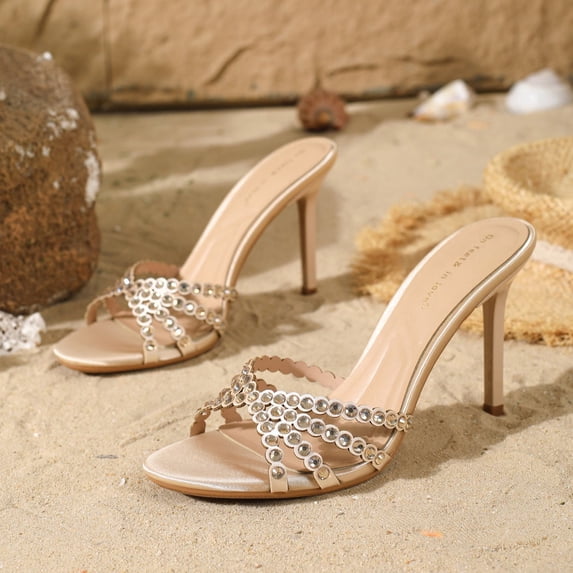 On feet & in love Women's Satin Rhinestone Strappy Stiletto Mules - Slip-On Pointed Toe Dress Sandals