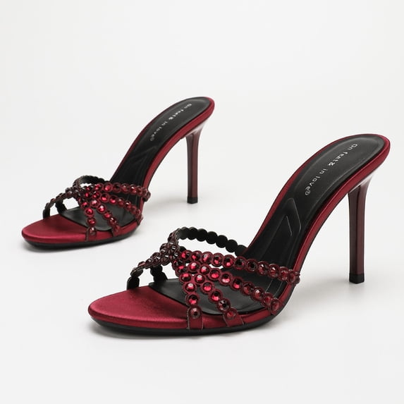 On feet & in love Women's Satin Rhinestone Strappy Stiletto Mules - Slip-On Pointed Toe Dress Sandals