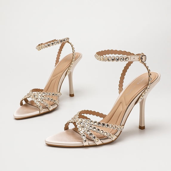 On feet& in love Women's Pointed Toe Satin Stiletto Heels with Rhinestone Strappy Ankle Strap - Apricot Dress Shoes for Party & Wedding - Size 5.5