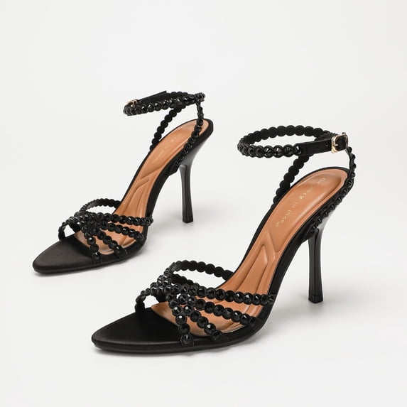 On feet& in love Women's Pointed Toe Satin Stiletto Heels with Rhinestone Strappy Ankle Strap - Black Dress Shoes for Party & Wedding - Size 7.5