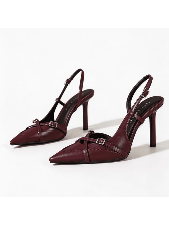 Women's Pointed Toe Cross Strap Slingback PU Leather Stiletto Heels - Wine-red Dress Shoes for Work & Party - Size 6
